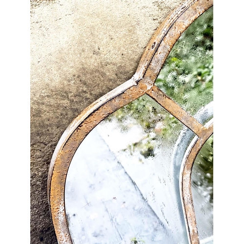 358 - ARCHITECTURAL GARDEN MIRRORS, a set of three, with metal frames, 60cm H x 39cm. (3)