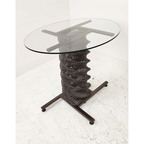 364 - GLASS TOP DINING TABLE, with bespoke helix design metal base, 78cm H x 100cm D.