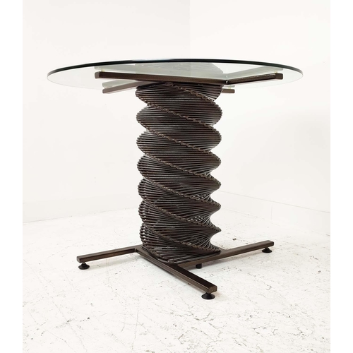 364 - GLASS TOP DINING TABLE, with bespoke helix design metal base, 78cm H x 100cm D.