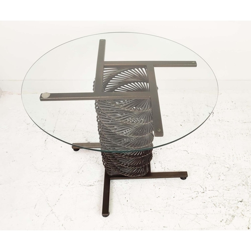 364 - GLASS TOP DINING TABLE, with bespoke helix design metal base, 78cm H x 100cm D.