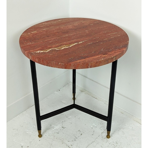 378 - JULIAN CHICHESTER 'DAVID FROST' SIDE TABLE, black leather and red travertine, 61cm D x 66cm H.