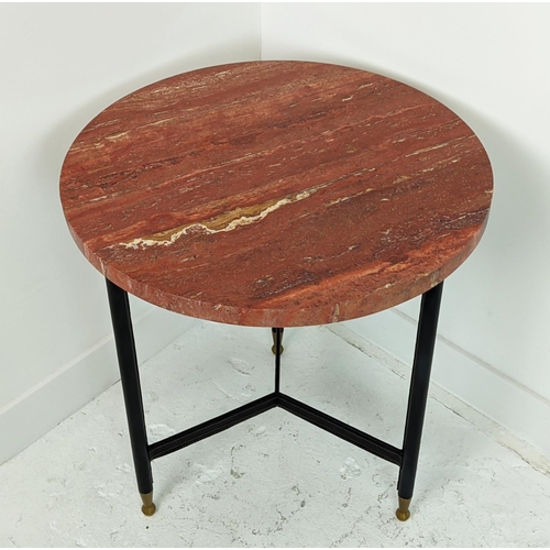 378 - JULIAN CHICHESTER 'DAVID FROST' SIDE TABLE, black leather and red travertine, 61cm D x 66cm H.