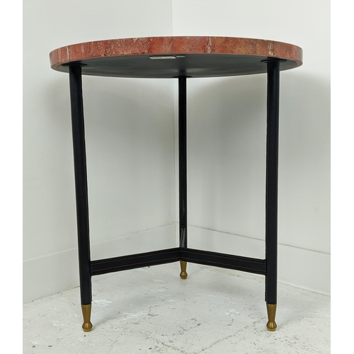 378 - JULIAN CHICHESTER 'DAVID FROST' SIDE TABLE, black leather and red travertine, 61cm D x 66cm H.