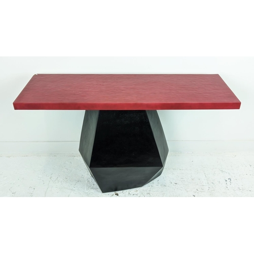 392 - JULIAN CHICHESTER CUBE CONSOLE, red top on an angled base, 41cm D x 120cm W x 77cm H.