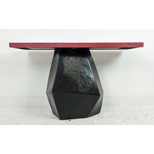 392 - JULIAN CHICHESTER CUBE CONSOLE, red top on an angled base, 41cm D x 120cm W x 77cm H.