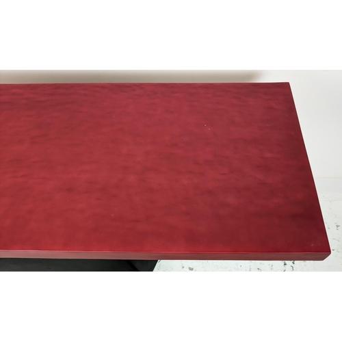 392 - JULIAN CHICHESTER CUBE CONSOLE, red top on an angled base, 41cm D x 120cm W x 77cm H.