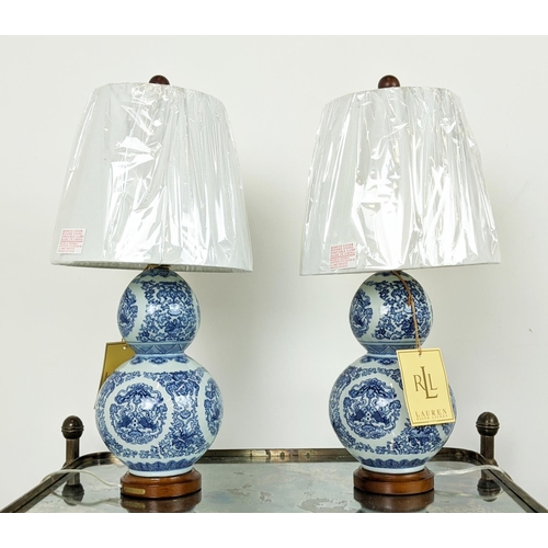 306 - LAUREN RALPH LAUREN HOME TABLE LAMPS, a pair, double gourd blue and white ceramic, with shades, 52cm... 