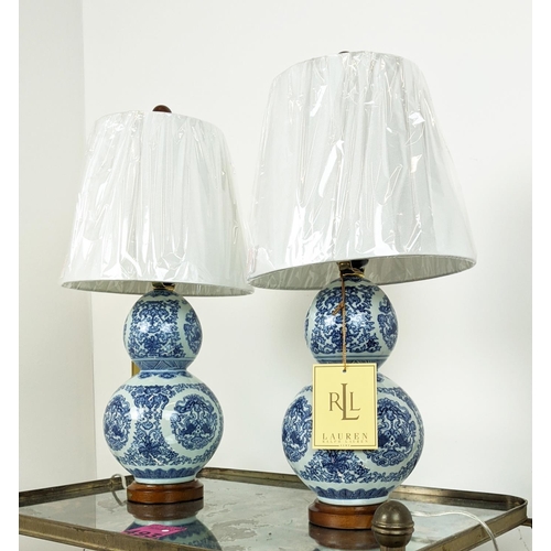 306 - LAUREN RALPH LAUREN HOME TABLE LAMPS, a pair, double gourd blue and white ceramic, with shades, 52cm... 