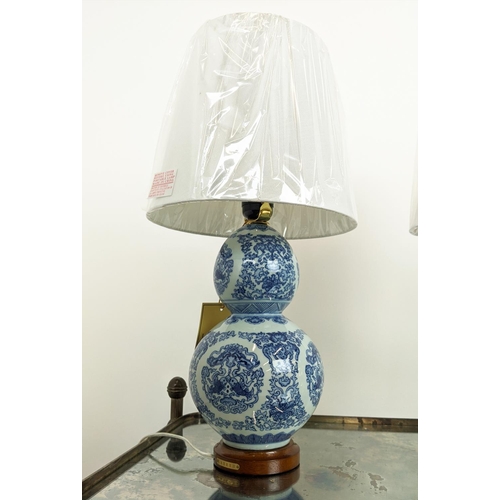 306 - LAUREN RALPH LAUREN HOME TABLE LAMPS, a pair, double gourd blue and white ceramic, with shades, 52cm... 