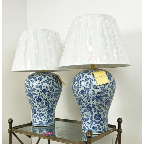 305 - LAUREN RALPH LAUREN HOME TABLE LAMPS, a pair, blue and white ceramic, with shades, 69cm H approx. (2... 