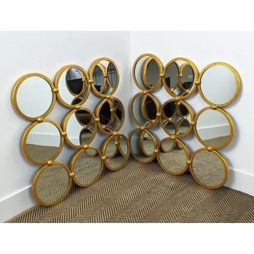 436 - WALL MIRRORS, a pair, 1960s French style, segmented design, gilt metal frames, 70cm x 70cm.