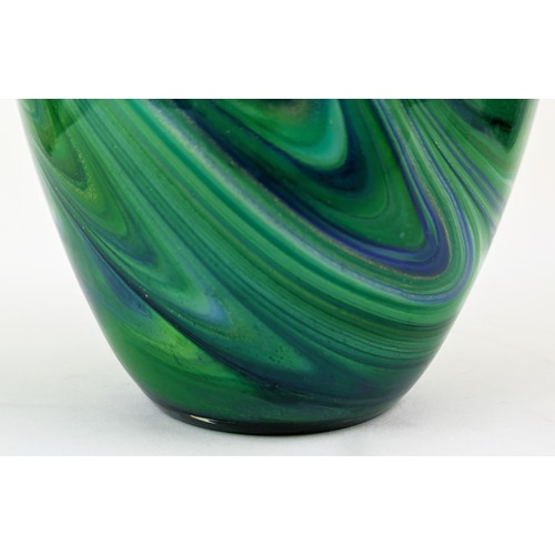 12 - A MURANO GLASS VASE, of ovoid form, with a green, white and blue swirling pattern, gold flecks, 40cm... 