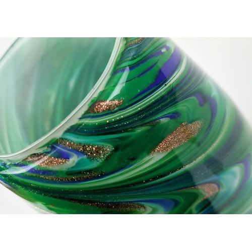 12 - A MURANO GLASS VASE, of ovoid form, with a green, white and blue swirling pattern, gold flecks, 40cm... 