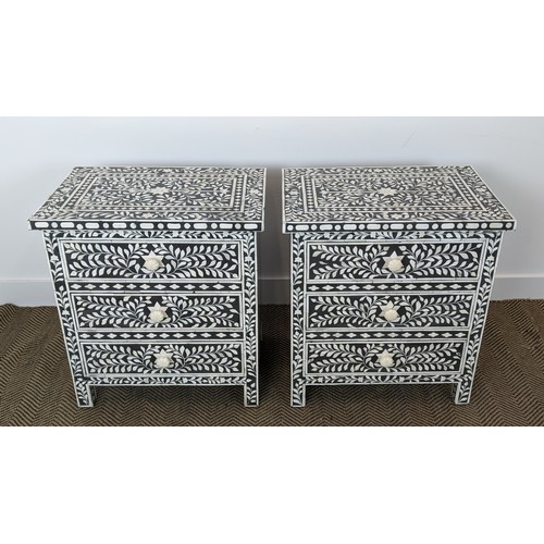 269 - BEDSIDE CHESTS, a pair, mother of pearl inlaid each with three drawers, 67cm H x 60cm W x 40cm D.