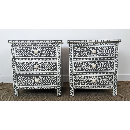 269 - BEDSIDE CHESTS, a pair, mother of pearl inlaid each with three drawers, 67cm H x 60cm W x 40cm D.