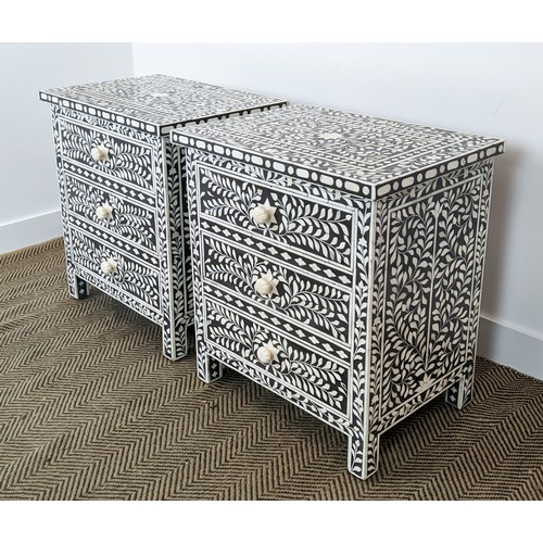 269 - BEDSIDE CHESTS, a pair, mother of pearl inlaid each with three drawers, 67cm H x 60cm W x 40cm D.