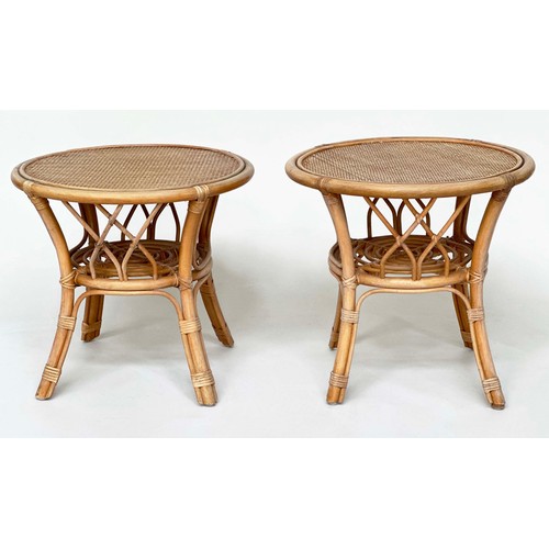 133 - LAMP TABLES, a pair, circular rattan, wicker panelled and cane bound, 55cm x 53cm H. (2)