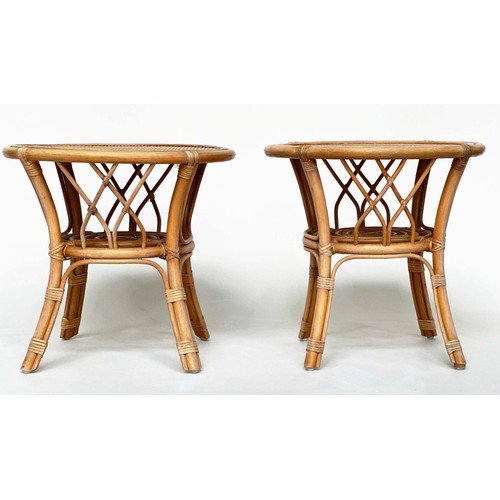 133 - LAMP TABLES, a pair, circular rattan, wicker panelled and cane bound, 55cm x 53cm H. (2)