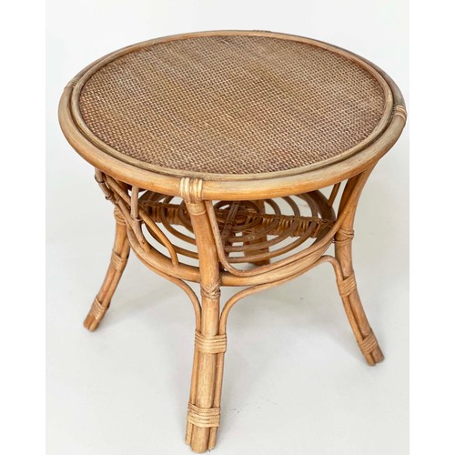 133 - LAMP TABLES, a pair, circular rattan, wicker panelled and cane bound, 55cm x 53cm H. (2)