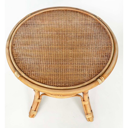 133 - LAMP TABLES, a pair, circular rattan, wicker panelled and cane bound, 55cm x 53cm H. (2)