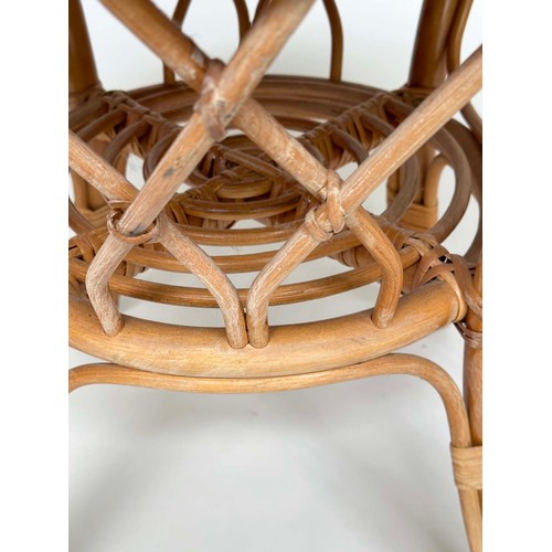 133 - LAMP TABLES, a pair, circular rattan, wicker panelled and cane bound, 55cm x 53cm H. (2)