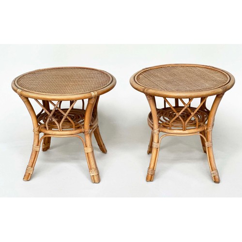 133 - LAMP TABLES, a pair, circular rattan, wicker panelled and cane bound, 55cm x 53cm H. (2)