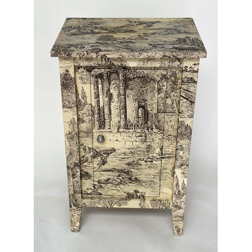 135 - SIDE CABINET, French style decoupage toile de jouy print with single door, 50cm x 40cm x 80cm H.