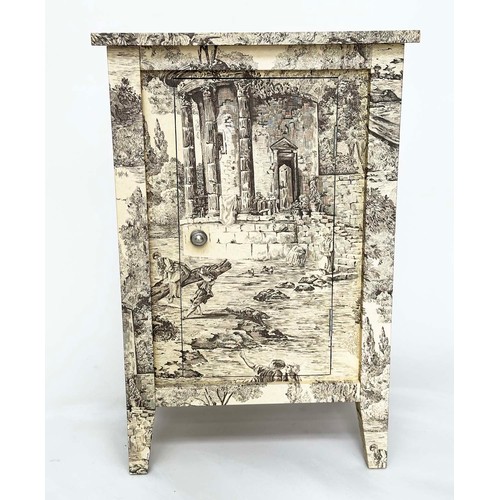 135 - SIDE CABINET, French style decoupage toile de jouy print with single door, 50cm x 40cm x 80cm H.