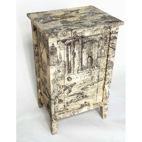 135 - SIDE CABINET, French style decoupage toile de jouy print with single door, 50cm x 40cm x 80cm H.