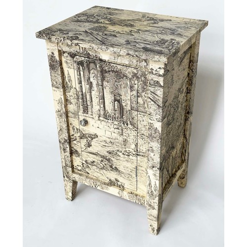 135 - SIDE CABINET, French style decoupage toile de jouy print with single door, 50cm x 40cm x 80cm H.