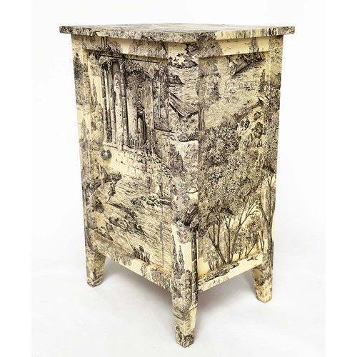 135 - SIDE CABINET, French style decoupage toile de jouy print with single door, 50cm x 40cm x 80cm H.