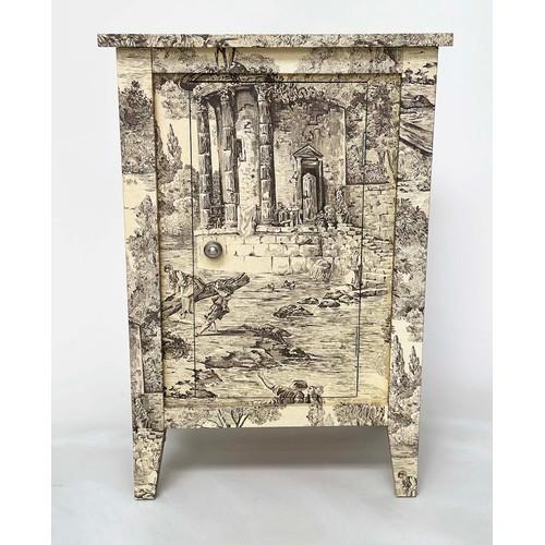 135 - SIDE CABINET, French style decoupage toile de jouy print with single door, 50cm x 40cm x 80cm H.