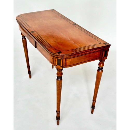 136 - SIDE TABLE, Regency period satinwood and ebony inlaid, adapted, D shaped with turned supports, 90cm ... 