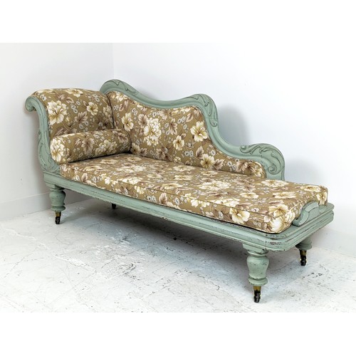 149 - CHAISE LONGUE, Victorian and later grey painted with floral upholstery and ceramic castors, 89cm H x... 