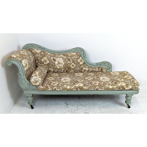 149 - CHAISE LONGUE, Victorian and later grey painted with floral upholstery and ceramic castors, 89cm H x... 