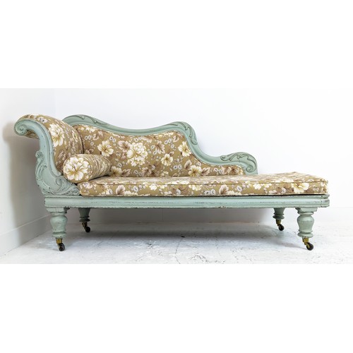 149 - CHAISE LONGUE, Victorian and later grey painted with floral upholstery and ceramic castors, 89cm H x... 