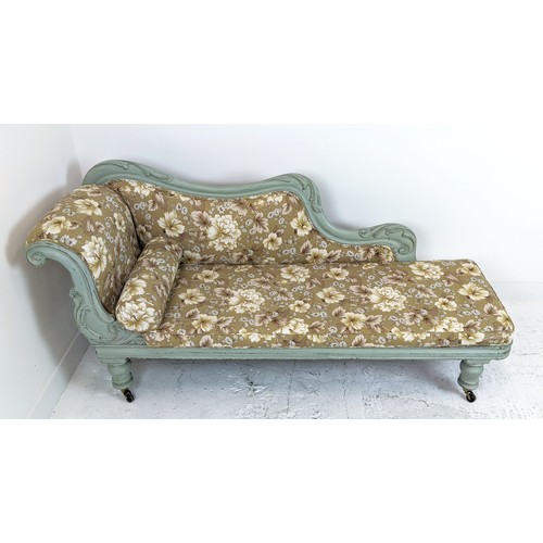 149 - CHAISE LONGUE, Victorian and later grey painted with floral upholstery and ceramic castors, 89cm H x... 