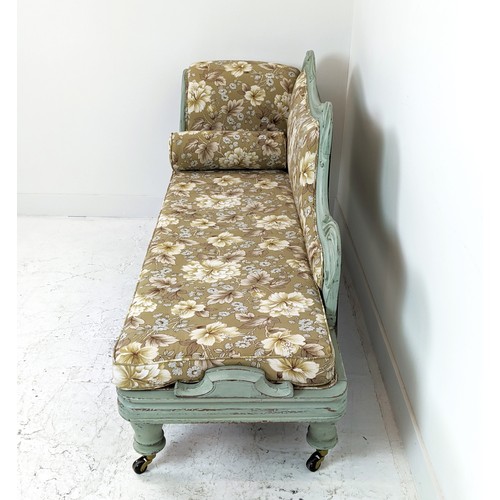 149 - CHAISE LONGUE, Victorian and later grey painted with floral upholstery and ceramic castors, 89cm H x... 