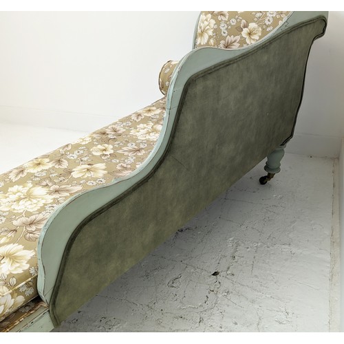 149 - CHAISE LONGUE, Victorian and later grey painted with floral upholstery and ceramic castors, 89cm H x... 