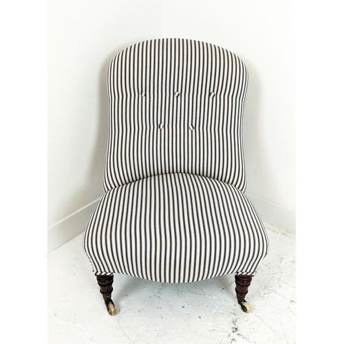 153 - SLIPPER CHAIR, Victorian mahogany in blue and white ticking, 82cm H x 78cm x 62cm. (front castors ce... 