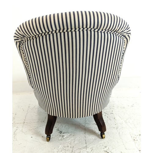 153 - SLIPPER CHAIR, Victorian mahogany in blue and white ticking, 82cm H x 78cm x 62cm. (front castors ce... 