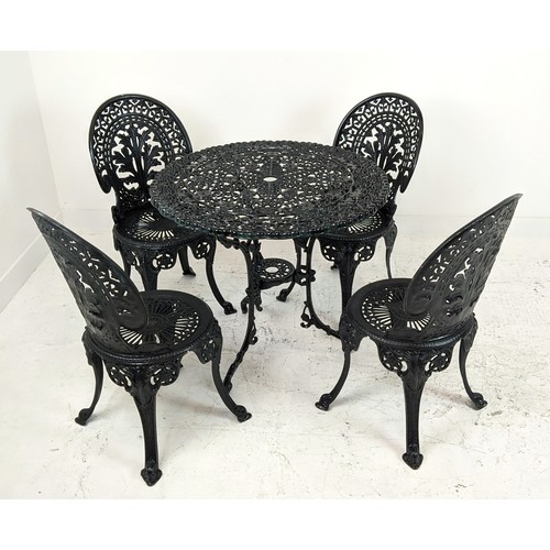 181 - CIRCULAR GARDEN TABLE, black metal, 72cm H x 80cm and a set of four chairs, 85cm H x 42cm. (5)