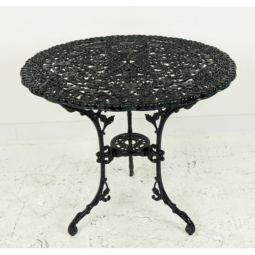 181 - CIRCULAR GARDEN TABLE, black metal, 72cm H x 80cm and a set of four chairs, 85cm H x 42cm. (5)