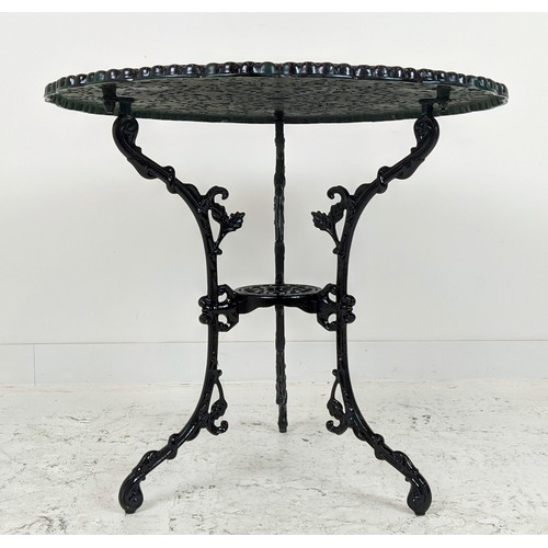 181 - CIRCULAR GARDEN TABLE, black metal, 72cm H x 80cm and a set of four chairs, 85cm H x 42cm. (5)