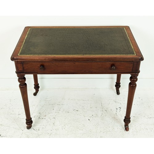 182 - WRITING TABLE, Victorian mahogany with green leather top, frieze drawer and ceramic castors, 75cm H ... 