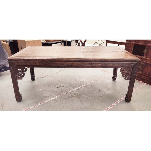 184 - DINING TABLE, Chinese elm with carved legs and pierced spandrels, 217cm L x 107cm W x 88cm H.