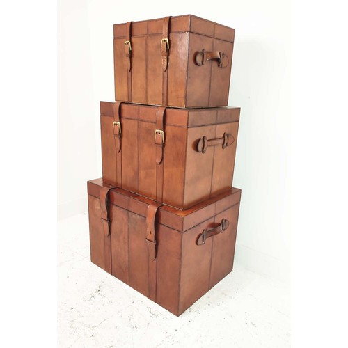 408 - TRUNKS, a graduated set of three, each with buckle closing lids, 61cm x 46cm x 46cm at largest. (3)