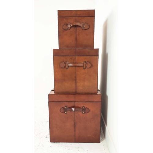 408 - TRUNKS, a graduated set of three, each with buckle closing lids, 61cm x 46cm x 46cm at largest. (3)