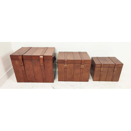 408 - TRUNKS, a graduated set of three, each with buckle closing lids, 61cm x 46cm x 46cm at largest. (3)