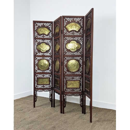 410 - FLOOR SCREEN, four fold, with gilt metal panel detail, 167cm x 37cm each panel.